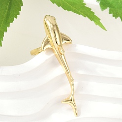 Настоящее золото 18K Латунные кольца-манжеты для женщин, без кадмия и без свинца, рыба, реальный 18 k позолоченный, внутренний диаметр: регулируемый