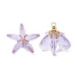 Лиловый Стеклянные подвески, цветочный шарм, с латунными петлями и бисером, граненые, сирень, 23~24x24~26 мм, отверстие : 2.5~3x3~3.5 мм