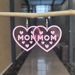 Pink Акриловые серьги-подвески ко Дню матери, сердце со словом мама, платина, розовые, 62x45 мм