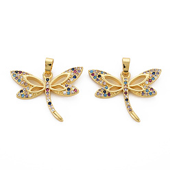 Real 16K Gold Plated Brass Micro Pave Cubic Zirconia Pendants, Nickel Free, Dragonfly, Real 16K Gold Plated, 20.5x27x2.5mm, Hole: 2.5x5mm