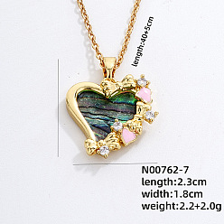 Сердце Модные латунные подвески-паве из натуральной ракушки пауа и прозрачного кубического циркония для повседневных вечеринок, золотые, сердце, 15.75 дюйм (40 см)