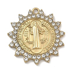 Настоящее золото 18K 304 подвески из нержавеющей стали и страз, солнце с шармом святого бенедикта, вакуумное покрытие pvd, кристалл, реальный 18 k позолоченный, 25.5x24.5x2.5 мм, отверстие : 1.6 мм
