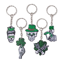 Platinum Saint Patrick's Day Printed Acrylic Pendants Keychain, with Iron Split Key Rings, Skull, Platinum, 8.8~9.7cm