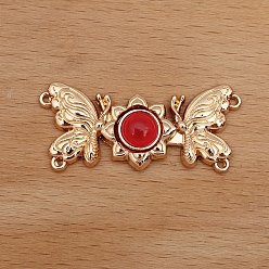Red Alloy Resin Connector Charms, Double Butterfly, Light Gold, Red, 35x15mm