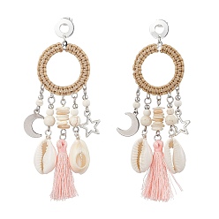 Pink Оболочки серьги стержня, с 304 фурнитурой для сережек-гвоздиков из нержавеющей стали и бусиной из синтетического магнезита, плоско-круглые, цвет нержавеющей стали, розовые, 95x28 мм