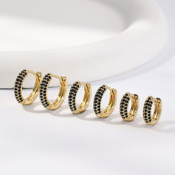 Черный Элегантные латунные серьги-кольца с паве из кубических цирконий, чёрные, 15~11x3 мм
