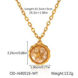 Flat Round Ocean Natural Shell  Resin Pendant 304 Stainless Steel Cable Chain Necklaces for Women, Real 18K Gold Plated, Seashell Color, Flat Round with Starfish, 16.34 inch(41.5cm), pendant: 22.4x19.5mm