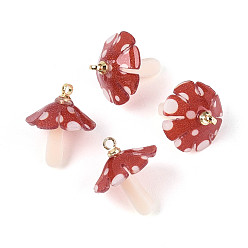 Индийский Красный Пластиковые подвески, с акриловыми и позолоченными латунными петлями, гриб, Индийская красная, 18x15 мм, отверстие : 1.5 мм