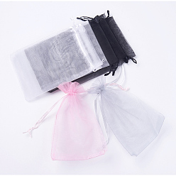 Mixed Color 4 Colors Organza Bags, with Ribbons, Rectangle, Pink/Lavender/Light Grey/Black, Mixed Color, 15~15.5x9.5~10cm, 25pcs/color, 100pcs/set