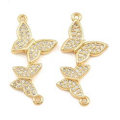 Real 18K Gold Plated Brass Micro Pave Clear Cubic Zirconia Connector Charms, Butterfly Links, Rack Plating, Long-Lasting Plated, Cadmium Free & Lead Free, Real 18K Gold Plated, 25x12x2.5mm, Hole: 1mm