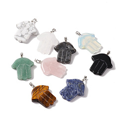 Mixed Stone Natural & Synthetic Gemstone Pendants, Hamsa Hand Charm, with Platinum Tone Brass Findings, 40.5x34.5x7mm, Hole: 7.7x5mm