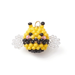 Желтый Подвески из стеклянного бисера в виде пчел, с круглыми бусинами из окрашенного в массе стекла и 304 соединительными кольцами из нержавеющей стали, желтые, 17x25x14 мм, отверстие : 3 мм