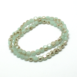 Light Sea Green Electroplate Glass Beads Strands, Half Plated, Imitation Jade, Faceted Flat Round, Light Sea Green, about 6mm in diameter, 4mmm thick, hole: 1mm