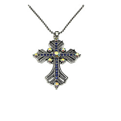Saphir Colliers à pendentif croix en strass, avec des chaînes à billes en alliage d'argent antique, saphir, 27.56 pouce (70 cm)