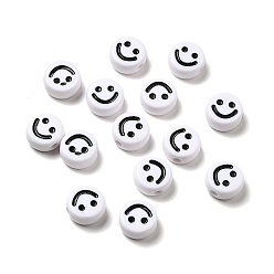 White Opaque Acrylic Beads, Flat Round with Smiling Face Pattern, White, 10x5mm, Hole: 2mm, about 1450pcs/500g