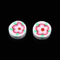 Creamy White Handmade Polymer Clay Beads, Flat Round with Flower, Creamy White, 9~10x4~4.5mm, Hole: 1.2~1.8mm