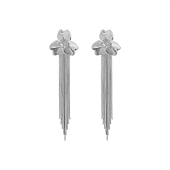 Stainless Steel Color Alloy Rhinestone Stud Dangle Earrings, Flower, Tassel Earrings, Stainless Steel Color, 100x26mm