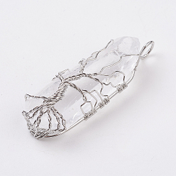 Платина Природный кристалл кварца большие подвески, с латунной фурнитурой , колонка, платина, 45~56x15~18x5~6.5 мм, отверстие : 5 мм