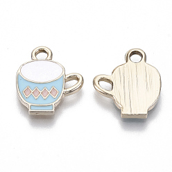 Sky Blue Alloy Charms, with Enamel, Light Gold, Table Cup, Sky Blue, 15x13x2mm, Hole: 2mm