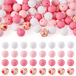 Pink 70 pièces 4 styles perles en silicone perles rondes en caoutchouc 15 mm perles d'espacement libres pour la fabrication de bijoux et de porte-clés DIY, rose, 15mm
