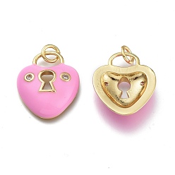 Hot Pink Brass Micro Pave Clear Cubic Zirconia Pendants, with Enamel and Jump Rings, Heart Lock, Real 18K Gold Plated, Hot Pink, 19x16x4mm, Hole: 3mm
