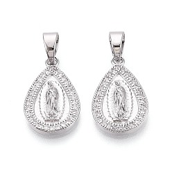 Платинированный Религиозные латунные подвески с прозрачными кубическими циркониями, слезинка с чарами Девы Марии, Реальная платина, 20x13x3~3.5 мм, отверстие : 6x4 мм