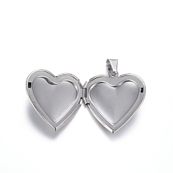 Stainless Steel Color 316 Stainless Steel Locket Pendants, Heart, Stainless Steel Color, 29x29x7mm, Hole: 9x5mm, Inner: 21x20mm