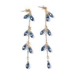 Steel Blue (Jewelry Parties Factory Sale)Electroplate Glass Dangle Earrings, with Brass Post Earring Findings and Bar Link Chains, Teardrop, Steel Blue, 108mm, Pin: 0.6mm