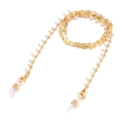 White Eyeglasses Chains, Neck Strap for Eyeglasses, with Glass Beads, Brass Paperclip Chains, 304 Stainless Steel Lobster Claw Clasps and Rubber Loop Ends, Real 18K Gold Plated, White, 27.56 inch(70cm)