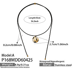 Black 304 Stainless Steel Enamel Flat Round with Flower Pendant Slider Necklaces for Women, Golden, Black, 36.22 inch(92cm)