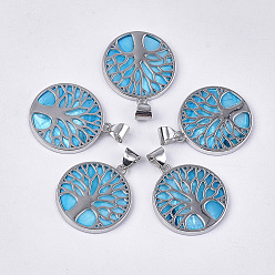 Deep Sky Blue Freshwater Shell Pendants, with Alloy Findings, Dyed, Flat Round with Tree of Life, Platinum, Deep Sky Blue, 37.5x33.5x3mm, Hole: 6x8.5mm