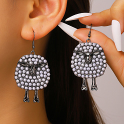 Gunmetal Alloy & Plastic Pearl & Rhinestone Dangle Earrings, Sheep, Gunmetal, 62x32mm