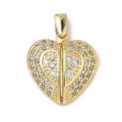 Настоящее золото 18K Латунные микропаве кубические цирконии открывающиеся подвески, сердце прелести, без кадмия и без свинца, долговечный, стойки покрытие, реальный 18 k позолоченный, 24x18x5.5 мм, отверстие : 4.5x1.5 мм