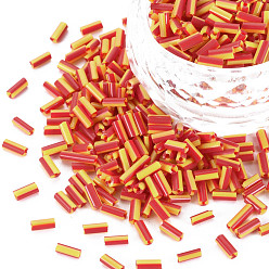 Orange Red Opaque Colours Two Tone Seed Glass Bugle Beads, Round Hole, Round Bugle, Orange Red, 4~8.5x2mm, Hole: 0.6~0.8mm, about 450g/Pound