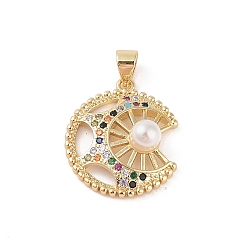 Moon Brass Micro Pave Colorful Cubic Zirconia Pendants, with ABS Plastic Beads, Real 18K Gold Plated, Moon, 21x18x6.5mm, Hole: 4x3.5mm