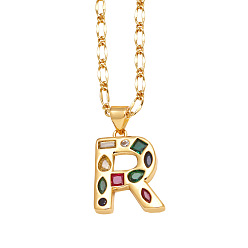 Letter R Подвеска-колье с инициалом из латуни, украшенная разноцветными кубическими циркониями., золотые, Буква R, 17.32 дюйм (44 см), Кулон : 15x20 мм