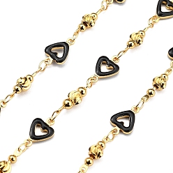 Черный Латунные сердечные цепи, с эмалью, без кадмия, без никеля и без свинца, реальный 18 k позолоченный, пайки, с катушкой, чёрные, 11x7x2.5 мм