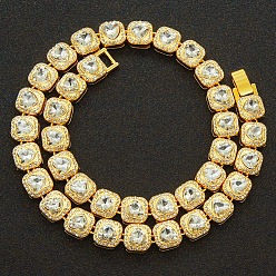 Прозрачный Сплав хрустальные стразы и сердцевидные стеклянные квадратные звенья цепочки теннисные ожерелья, золотые, прозрачные, 17.72 дюйм (45 см)