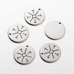 Stainless Steel Color Non-Tarnish Spray Painted 201 Stainless Steel Charms, Flat Round with Pattern, Stainless Steel Color, 14x1mm, Hole: 1mm
