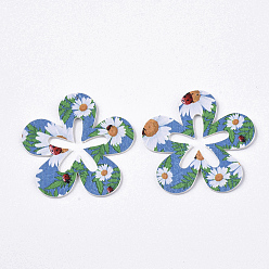 Stahlblau Pu-Leder große Anhänger, doppelseitiges Gänseblümchenmuster, Blume, Stahlblau, 50x51x2 mm, Bohrung: 1 mm