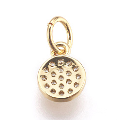 Golden Brass Micro Pave Cubic Zirconia Charms, Lead Free & Cadmium Free, Flat Round, Golden, 8x6x1.5mm, Hole: 3mm