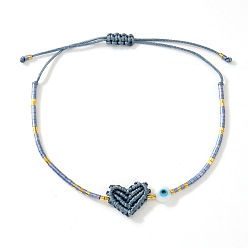 Стально-синий Браслеты из бисера и плетеного бисера., плетеные браслеты из полиэфирного шнура для женщин, сердце и сглаз, стальной синий, 11.02 дюйм (28 см)