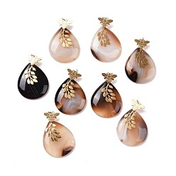 Natural Agate Ntuarl Agate Pendants, with Ion Plating(IP) 304 Stainless Steel Findings, Teardrop with Bees & Leaf, Real 18K Gold Plated, 36x25x6mm, Hole: 3mm