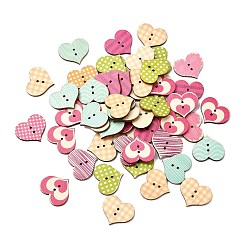 (52) Непрозрачная лаванда 2 отверстия печатных деревянные кнопки, сердце, разноцветные, 23x25.5x2.5 мм, отверстие : 1.5 мм