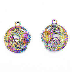 Rainbow Color Ion Plating(IP) 201 Stainless Steel Pendants, Moon with Sun, Rainbow Color, 23.5x20x2.5mm, Hole: 2mm