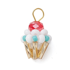 Бирюза Подвески-кексы из стеклянных бусин, с золотыми латунными штифтами с шарообразными головками, круглой бусиной из стеклянного жемчуга и стеклянными бусинами, бирюзовые, 19x12 мм, отверстие : 3.5 мм