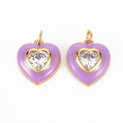 Dark Orchid Brass Enamel Pendants, with Clear Cubic Zirconia and Jump Ring, Nickel Free, Real 16K Gold Plated, Heart, Dark Orchid, 17.5x15.5x4.5mm, Hole: 3.5mm