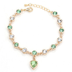 Перидот Браслеты из сплава rhinestone из сплава, браслеты-цепочки для женщин, сердце, золотые, перидот, 6.30 дюйм (16 см)