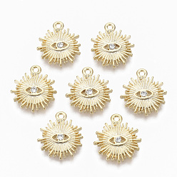 Real 18K Gold Plated Alloy Pendants, with Crystal Rhinestone, Cadmium Free & Nickel Free & Lead Free, Sun with Eye, Real 18K Gold Plated, 16.5x15x3mm, Hole: 1.5mm