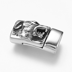 Antique Silver 304 Stainless Steel Magnetic Clasps with Glue-in Ends, Rectangle with Tiger Head, Antique Silver, 29.5x16x12.5mm, Hole: 7mm